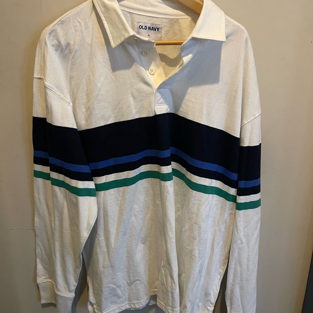 Old Navy Men's White Shirt with Navy, Blue, and Green Stripes